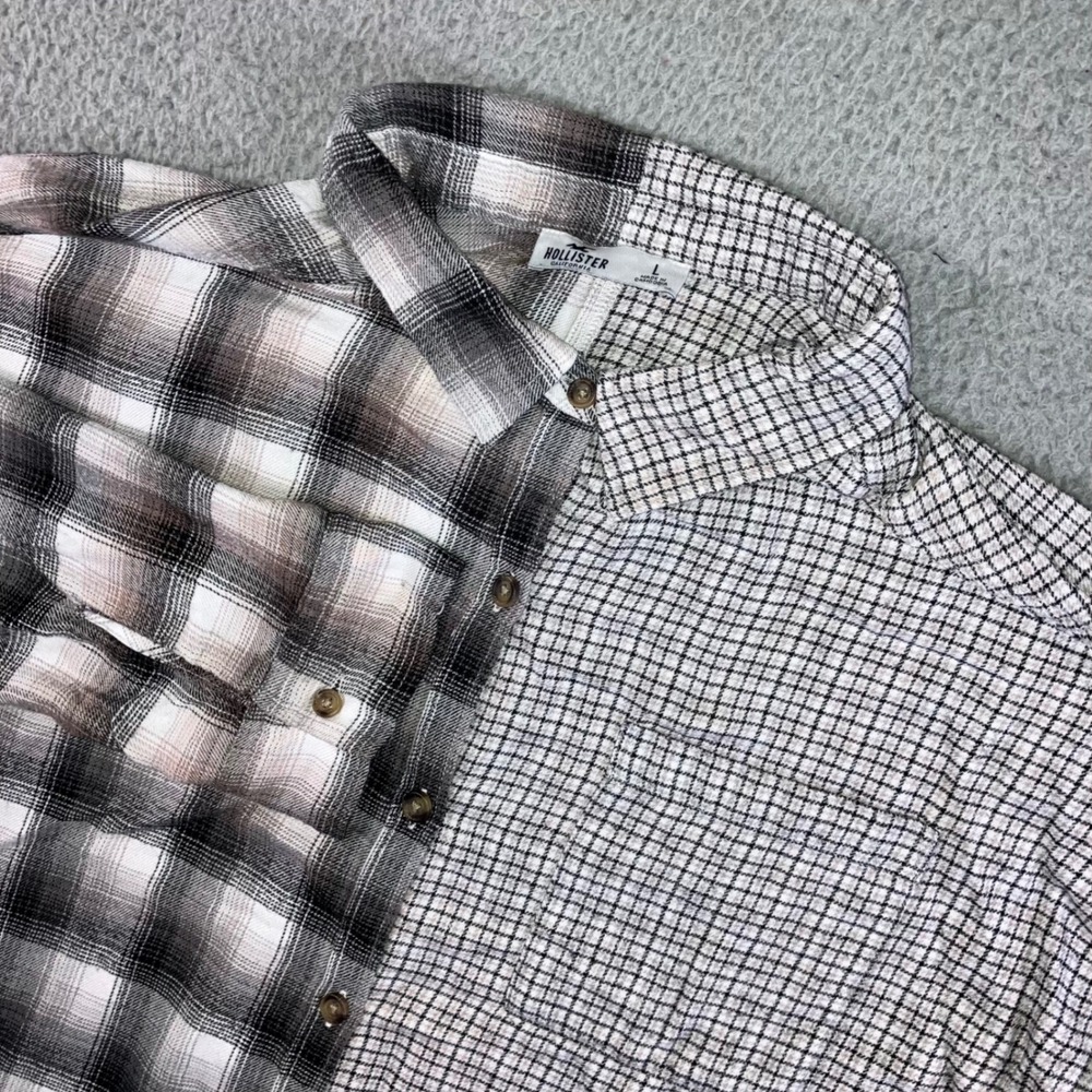 Hollister Button‎ Up Shirt Men L Split Plaid Grid Check B/W Bleached Punk Skater
